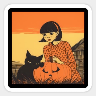 Halloween Brunette Girl in orange dress with black Cat and Pumpkin Sticker